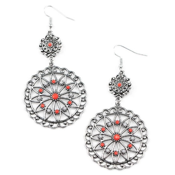 Floral Silver Red & Gray Beaded Dangle Earrings